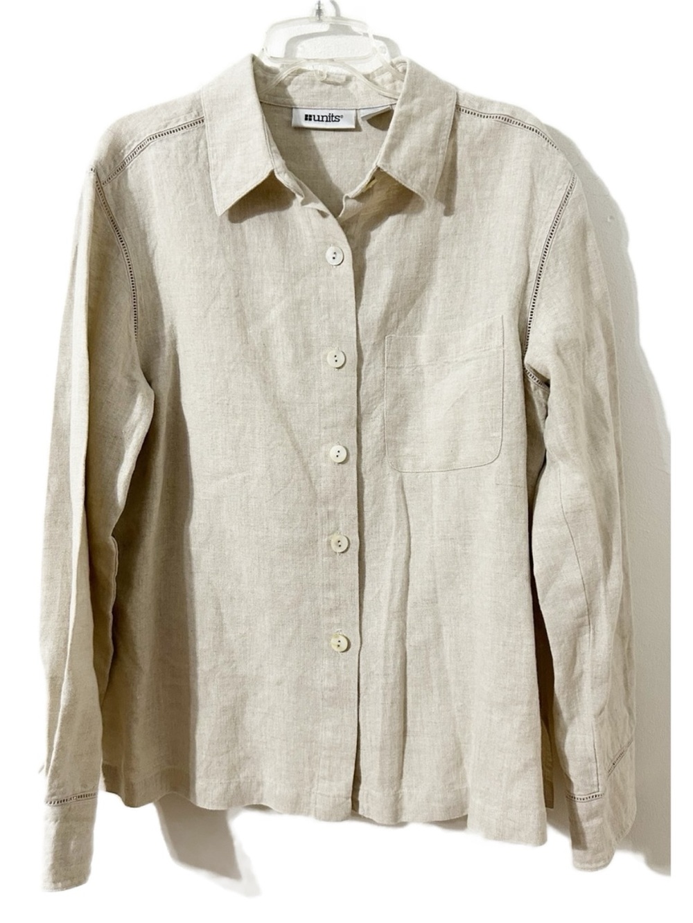 Vintage Units Petite Linen Button-Down Shirt Beige Oatmeal Long Sleeve Classic